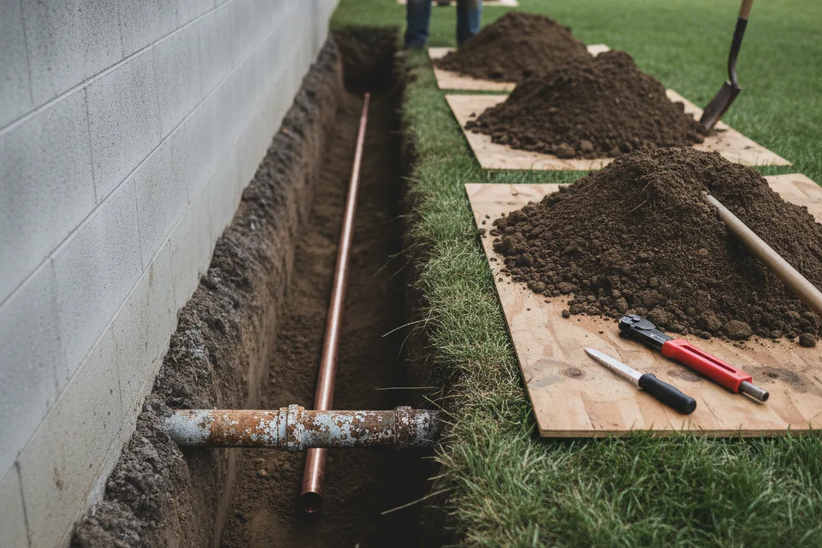 Excavated water line trench during Water Softener Installation in Goodman